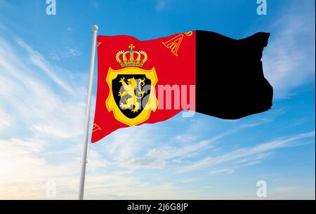 Drapeau officiel de la norme personnelle du roi Albert II , Belgique à ciel nuageux sur fond de coucher de soleil, vue panoramique. Concept de voyage et de patriote belge. Banque D'Images