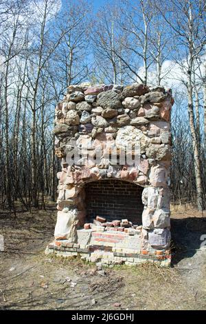 Old Stone and Brick cheminée reste dans les bois d'une maison de ranch. Banque D'Images