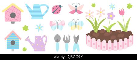 Ensemble de jardin de printemps plat avec terre et ensemble de fleurs. Maisons d'oiseaux, papillons, arrosoirs, outils, plantes et trèfle. Jardinage pour la publicité, le Web, la conception d'applications. Éléments de décoration. Illustration vectorielle Illustration de Vecteur