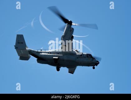 220424-N-MD61-1345 OCÉAN PACIFIQUE (AVRIL 24, 2022) – Un CMV-22B Osprey, affecté à l’Escadron multimission logistique (VRM) de la flotte “Titans” 30, survole le pont de vol du porte-avions USS Carl Vinson de la classe Nimitz (CVN 70), avril 24. Vinson mène actuellement des opérations maritimes de routine dans l'océan Pacifique. (É.-U. Photo de la marine par le spécialiste des communications de masse 3rd classe Jeff D. Kempton) Banque D'Images