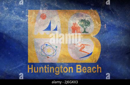 Vue de dessus du drapeau rétro de Huntington Beach, Californie, États d'Amérique déliés avec texture grunge. USA patriote et Voyage concept. Pas de mât. PLA Banque D'Images