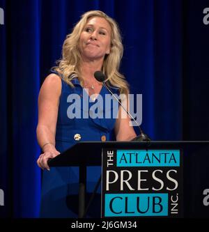 01 mai 2022 - Atlanta, Géorgie, États-Unis - la Représentante MARJORIE TAYLOR GREENE (R-GA) participe à son débat primaire du District 14 dans la série de débats du Club de presse d'Atlanta LouderMilk-Young qui s'est tenue dans les studios de Georgia public Broadcasting.(Credit image: © Brian Cahn/ZUMA Press Wire) Banque D'Images