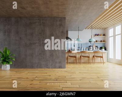 Maquette mur en béton dans la maison de style cuisine avec accessoires dans la pièce.3D rendu Banque D'Images