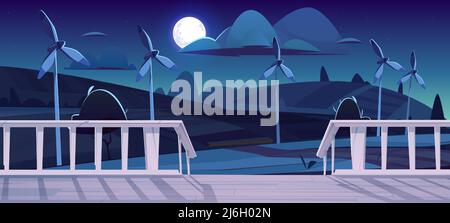 Ferme avec moulins à vent la nuit vue de la terrasse avec porche en bois et balustrades blanches sous le ciel sombre avec pleine lune. Génération d'énergie éolienne alternative avec éolienne ECO power dessin vectoriel de dessin animé Illustration de Vecteur