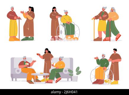 Les personnes âgées et les travailleurs de soins dans les maisons de soins infirmiers. Illustration de dessin animé vectoriel de l'infirmière aider la personne aînée en fauteuil roulant, parler avec l'homme adulte senior avec la canne à pied Illustration de Vecteur