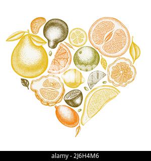 Motif coeur citronné vintage. Kumquat dessiné à la main, citron, tangelo, etc Illustration de Vecteur