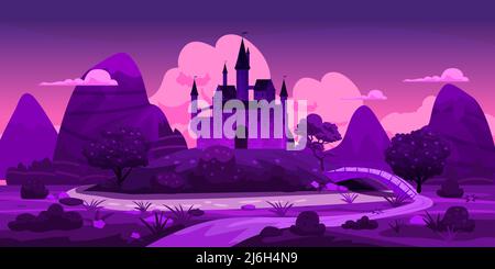 Fantastique château de conte de fées paysage de nuit, collines vertes, arbres, source, montagnes, panorama. Illustration d'arrière-plan de dessin animé vectoriel Illustration de Vecteur