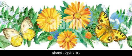 Bordure fleurie sans couture avec papillon jaune et fleurs de calendula sur fond blanc. Design artistique pour l'impression florale pour l'emballage, le textile, le wallp Banque D'Images