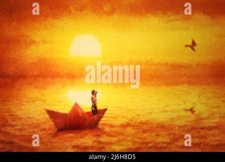 Belle peinture avec un garçon flottant dans un bateau en papier. Voile de rêve avec coucher de soleil doré se reflétant sur l'eau calme de l'océan. Paysage marin surréaliste, nauti Banque D'Images