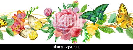 Bordure fleurie sans couture avec papillons jaunes, pivoine et freesia sur fond blanc. Design artistique pour l'impression florale pour l'emballage, le textile, le wallpa Banque D'Images