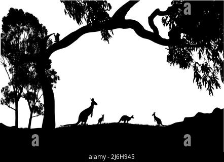 silhouette de kangourous avec un grand arbre de gomme et un koala assis dans l'arbre Illustration de Vecteur