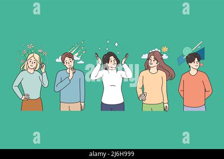 Diverses personnes avec des pensées et des sentiments différents dans la tête. Les hommes et les femmes pensent, imaginent et planifient. Émotions et expressions à l'esprit. Visualisation. Illustration vectorielle. Illustration de Vecteur