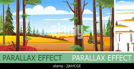 Paysage d'automne avec effet parallaxe. Belle scène rurale lumineuse avec de l'herbe orange et jaune et des plantes. Troncs de conifères. Illustration dans la cartoo Illustration de Vecteur