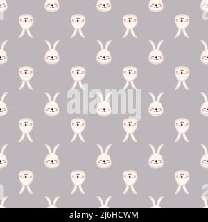 Motif sans couture avec joli lièvre pour les enfants, museau de sourire et yeux sur fond gris. Imprimé amusant de lapin au visage heureux. Illustration vectorielle plate pour les vacances Illustration de Vecteur