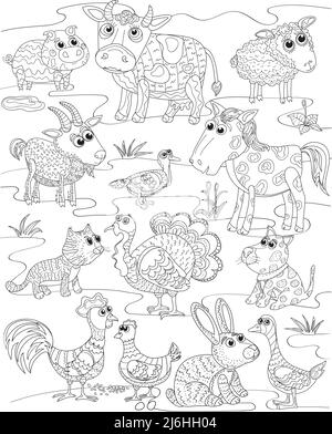 drôle de village animaux, encadre doodle anti-stress coloriage page animaux de village mignons. Page de coloriage pour adultes et enfants Illustration de Vecteur