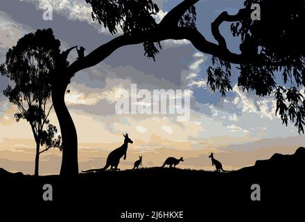 silhouette de kangourous avec un grand arbre de gomme et un koala assis dans l'arbre Illustration de Vecteur