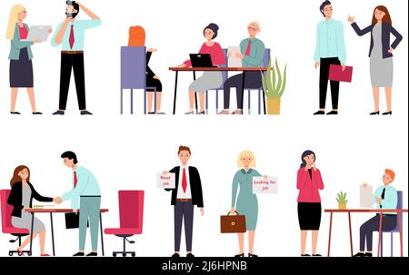 Problèmes d'entreprise. Employés de bureau et problèmes, entrevue d'emploi. Les personnages de gestion des RH, le leadership et l'employé. Scénario décent au chômage Illustration de Vecteur