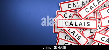 Plusieurs panneaux indiquant la limite de la ville de Calais sur un tas. Calais est le port de ferry dans le pas-de-Calais, en France. Le symbole de limite de ville blanc typique avec un rouge Banque D'Images