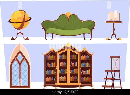 Mobilier de bibliothèque. Vieux bois vintage livre étagères meuble armoire mobilier grenat dessin animé modèle ensemble Illustration de Vecteur