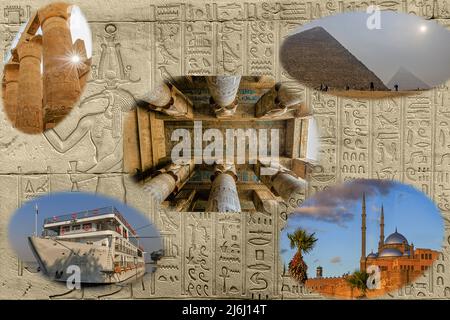 photo composite sur fond de hiéroglyphes des grandes pyramides, temple karnak temple dendera mosquée ali pasha et bateau de croisière viking ra nil Banque D'Images