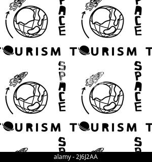 Un motif sans couture d'une planète avec une fusée et un texte stylisé, un coolé dessiné à la main. Le tourisme spatial. Une fusée qui dévie autour de la terre. Espace Illustration de Vecteur