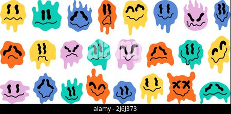 Fusion de faces. Visage funky fondu, sourire bizarre et oeil liquide. Acid FANTASY, Crazy geometry trendy résumé art. mode 90s autocollants, swanky Illustration de Vecteur