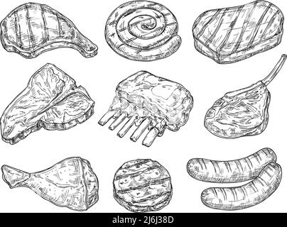 Faites des croquis de viandes. Bœuf, porc et saucisse. Ingrédients frais pour la fête du barbecue. Filet de viande et côtes levées, beefsteak barbecue dessiné à la main. Vecteur néoclassique alimentaire esquissé Illustration de Vecteur