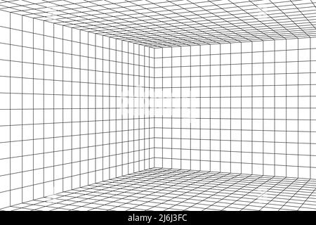 3D salle de grille de perspective à deux points numériques. Maillage noir sur fond blanc. Photocalque de cadre de studio d'intérieur vide. Scène virtuelle à trois dimensions. Facile Illustration de Vecteur