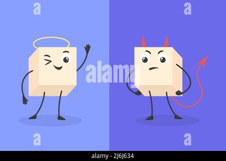Mauvais et bon sucre de dessin animé. Sourire morceaux sucres cube caractère, bonbons diable vs ange saine alimentation malsaine, heureux sucreries visage, drôle blanc cubes dessert vecteur illustration de sucre bon ou malsain Illustration de Vecteur