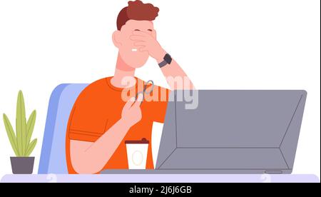 Les yeux fatigués de l'ordinateur. Strain oeil triste commis, vision floue épuisé employé de bureau eyestrain trouble presbyopia syndrome sec minuscule douleur vue illustration vecteur. Yeux fatigués de l'ordinateur Illustration de Vecteur