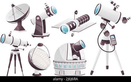 Observatoires de dessins animés. Télescope satellite astronomique telescopio, dôme astronome, cosmos planétarium, antenne optique de nuit pour étoiles, illustration vectorielle du télescope de découverte Illustration de Vecteur