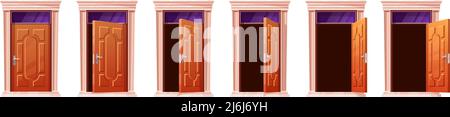 Animation de la porte. Dessins animés portes mouvement entrée ouverte maison, jeu en bois choix porte fermeture entrouverte salle fermée 2D bâtiment sprite feuille séquence ensemble bois vecteur illustration exacte de l'entrée d'animation de porte Illustration de Vecteur