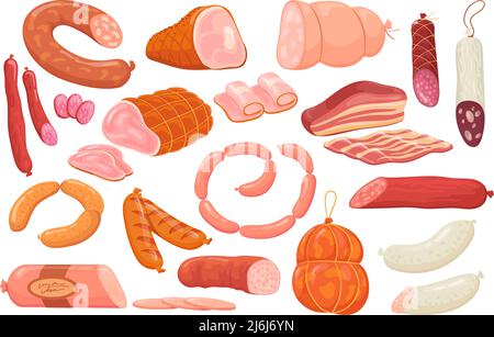 Saucisses de charcuterie de dessin animé. Saucisse de porc chorizo ou marché de viande de jambon, salami rouge savoureux poivoni fumé wurstel tranches de bacon frais boucher deli, illustration vectorielle soignée de la saucisse et du jambon Illustration de Vecteur