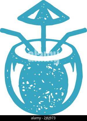 Cocktail de noix de coco d'été pour couple avec deux paille et parapluie bleu main tiré lune de miel vacances. Décoration de boissons tropicales naturelles rafraîchissantes Illustration de Vecteur