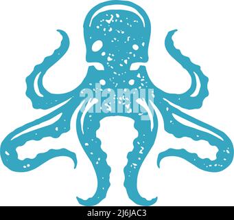Poulpe dessinée à la main avec tentacules minimalistes Ocean Life sous-marin créature logo bleu grunge texture vecteur illustration. Monochrome danger mollusque de Illustration de Vecteur