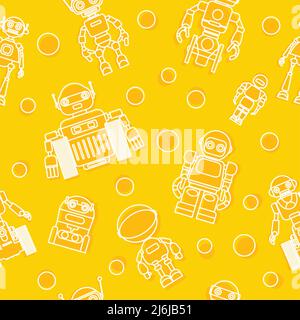 Motif avec différents types de robots détaillés isolés sur fond jaune. Illustration de Vecteur