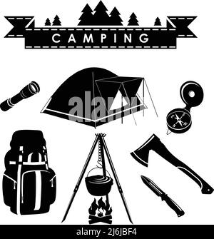 Illustration de silhouette différents types d'équipement de camping et d'objets sur fond blanc. Illustration de Vecteur