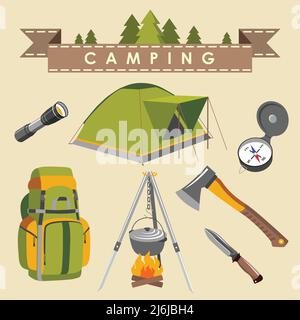 Ensemble d'équipements et d'objets de camping Illustration de Vecteur