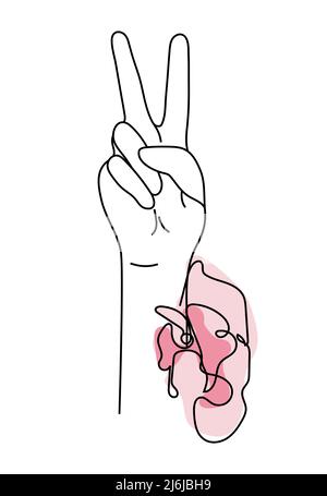 Signe de la main victoire v salut ou paix. Liberté des femmes et s'unir. Vecteur fille puissance féministe poing dans une ligne d'art pour la Journée internationale de la femme Illustration de Vecteur