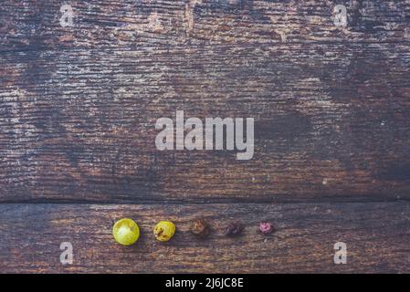 Vue macro des raisins de vigne raisins secs avec baril en bois, fond de texture de table Banque D'Images