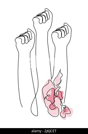 Fille puissance élevée poing avec des fleurs roses. Liberté des femmes et s'unir. Le vecteur féministe en une ligne d'art pour la Journée internationale de la femme Illustration de Vecteur