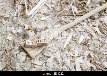 Cuillère de cuisson en bois autosculptée cuillère grattoir avec le mot - Bois - sur un établi avec des copeaux de bois, Allemagne Banque D'Images