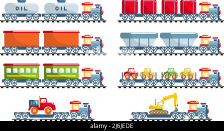 Différents types de jouets de transport ferroviaire. Ensemble de différents jouets de chemin de fer dans le style de dessin animé plat sur fond blanc: Train, locomotive, wagon, voiture Illustration de Vecteur