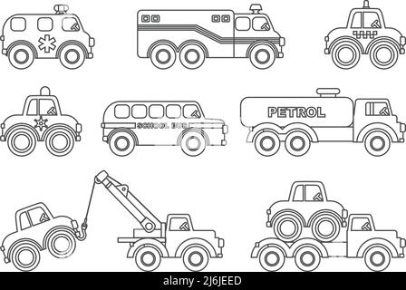 Ensemble de différences silhouettes enfants jouets transport isolé plat vecteur linéaire icônes sur fond blanc. Pages de coloriage. Illustration de Vecteur