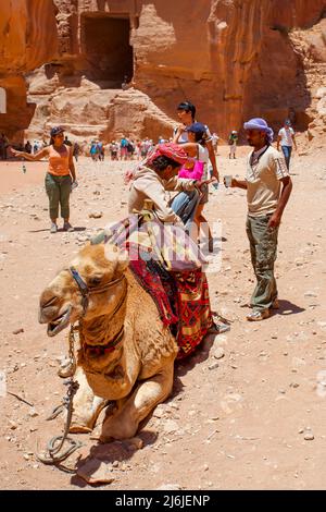 Petra, Jordanie - 23 mai 2009 : caméléers et touristes près d'Al-Khazneh à Petra Banque D'Images