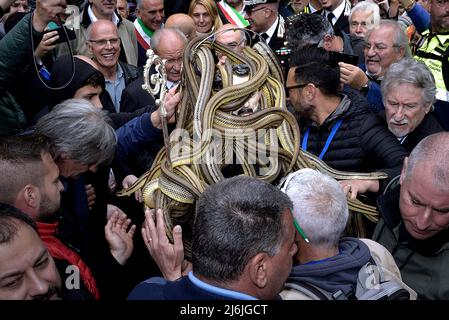 Cocullo, Italie, 01/05/2022, après deux années d'interruption due à la pandémie, la procession des serpents à Cocullo a lieu le 1 mai 2022.la statue de Saint Domenico à l'intérieur de l'église de Cocullo avant la procession.la fête des serpents. Processus dédié à la Saint-Dominique, dans les rues de Cocullo, dans la région des Abruzzes, en Italie, le 1 mai 2019. La procession de Saint Domenico à Cocullo, en Italie centrale. Chaque année, le premier mai, des serpents sont placés sur la statue de Saint Domenico, puis la statue est portée en procession à travers la ville. Saint Domenico est considéré comme le patr Banque D'Images