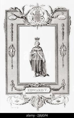 Edward V, 1470 – 1483. Roi d'Angleterre pendant deux mois jusqu'à ce qu'il soit destitué. Il était l'un des deux princes de la tour qui, avec Richard Shrewsbury, duc de York, auraient été assassinés. Après une gravure de The New, impartial et complète Histoire de l'Angleterre par Edward Barnard, publié à Londres 1783. Banque D'Images