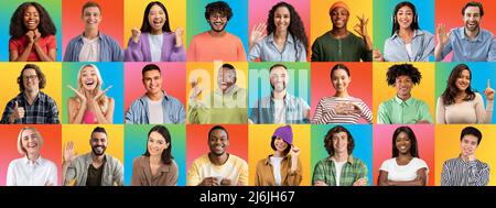 Mosaïque de personnes multiraciales fraîches partageant des émotions positives Banque D'Images