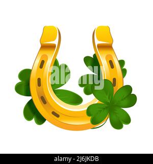 Vector Realistic Golden Horseshoe avec trèfle en quatrefoil. Symbole de chance isolé sur fond blanc Illustration de Vecteur