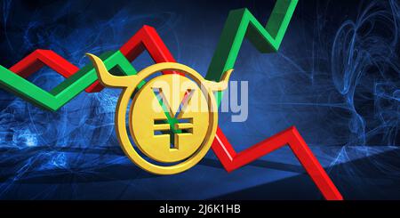 3d illustration de l'icône de devise jpy ou cny. tableau des actions de négociation du yen japonais ou du yuan chinois sur fond bleu abstrait. tendance baissière du marché Banque D'Images